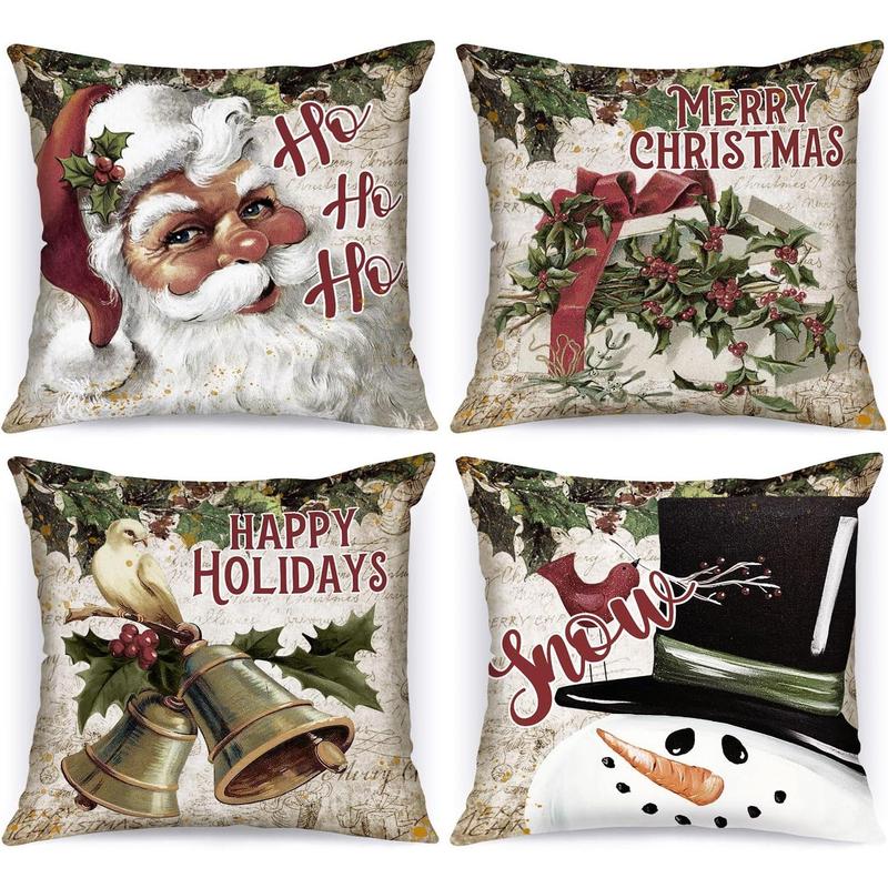 TikTok Shop Vintage 22x22 Christmas Throw Pillow Covers Set of 4 Retro Santa Claus Snowman Decorative Holiday Pillow Case Cushion Cover 22x22 for Indoor Home Bedroom Sofa Couch Xmas Decor