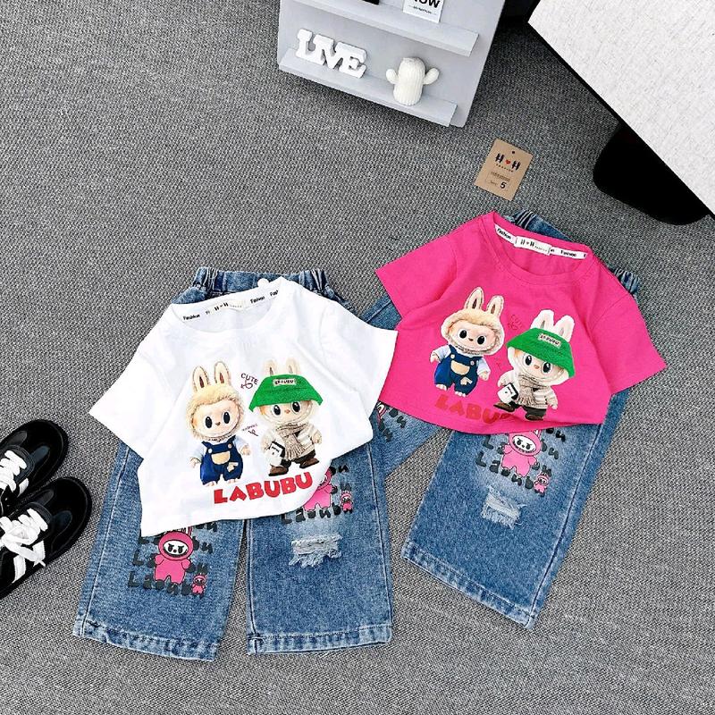 8_30kg_ Sét Bộ Jean Labubu Bé Gái, Áo croptop, Quần jean ( in CHỮ LABUBU)