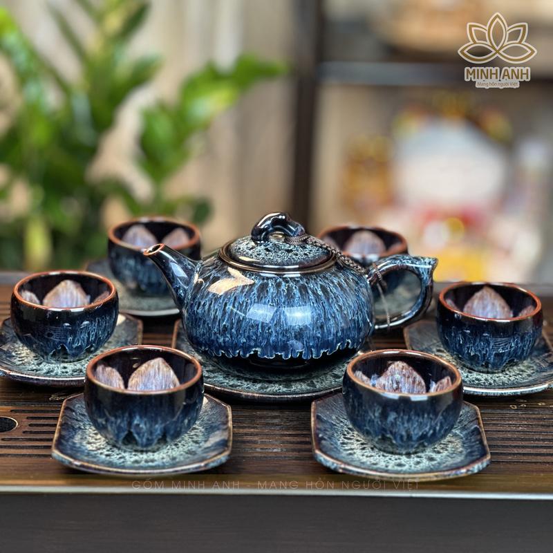  Bộ ấm chén Bát Tràng nghệ nhân Nguyễn Văn Hải dáng quả Hồng men Hỏa biến màu Cẩm Lai Xanh 