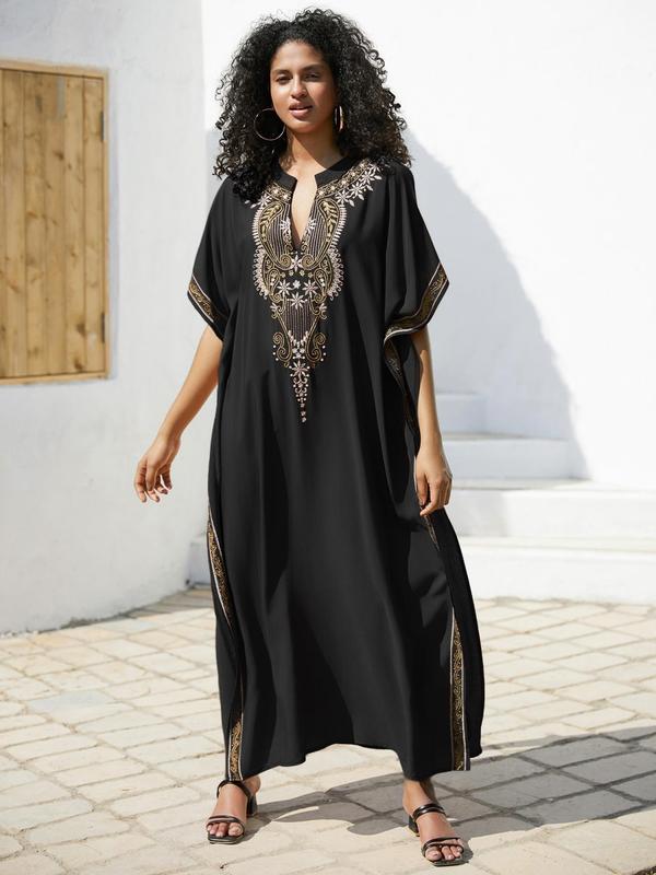 【Plus Size】Ethnic Pattern Split Hem Arabian Dress, Modesty Elegant Batwing Sleeve Notched Neck Long Dress, Holiday Dresses, Muslim Dresses for Women, Summer Kaftan Dress, Wedding Guest Dress, Plus Size Dresses 6