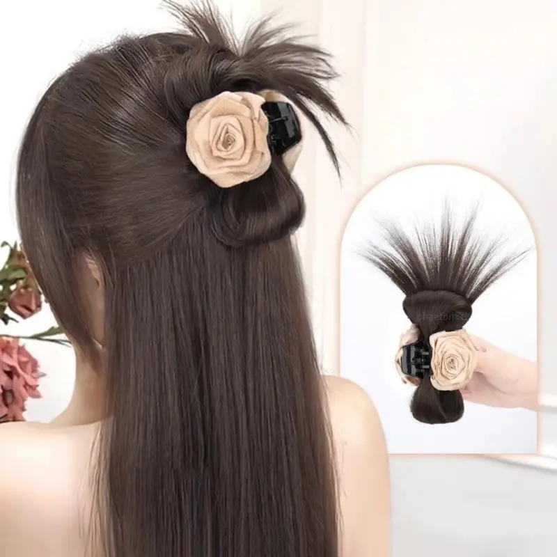 Tóc Giả Phong Cách Trung Quốc Cho Nữ, Tóc Nối Đuôi Ngựa Hình Quả Bóng Buộc Nửa, Kẹp Hoa Hồng, Tóc Giả Lọn Tóc Trông Tự Nhiên, Tóc Mái, Nhẹ Nhàng Và Dễ Phối Đồ Tóc Mô Phỏng, Hàng Mới Về 2