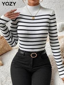 YOZY Women's Striped Print Mock Neck Sweater, Casual Long Sleeve Jumper for Fall & Winter, Fashion Ladies' Knitwear for Daily Wear
