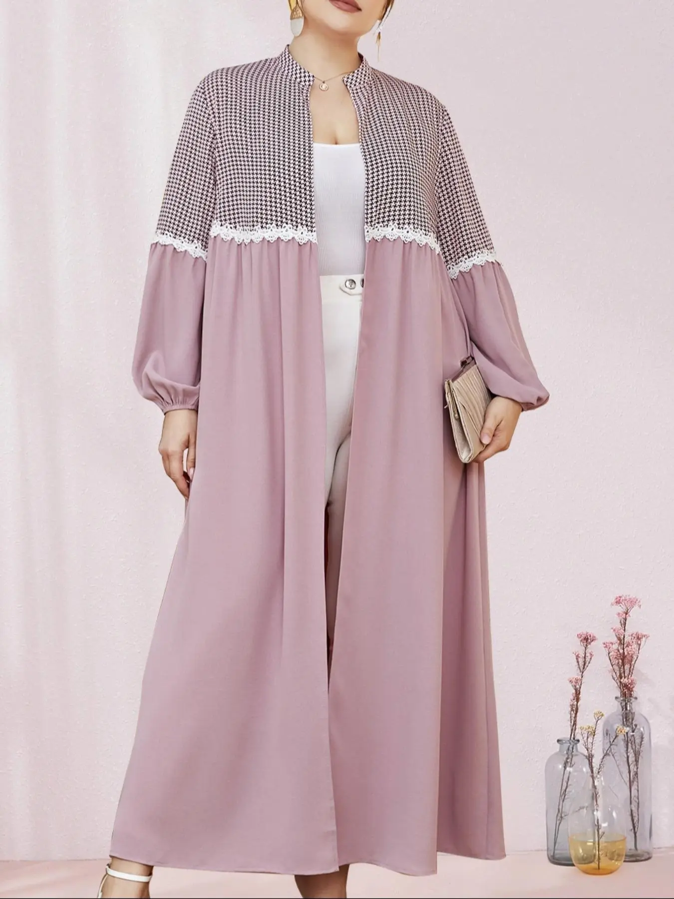 Plus Colorblock Plaid Contrast Lace Bishop Sleeve Coat, Comfort Longsleeves Open Front Outerwear, Mean Girls Outfit, Lady Tops Clothes, Womenswear