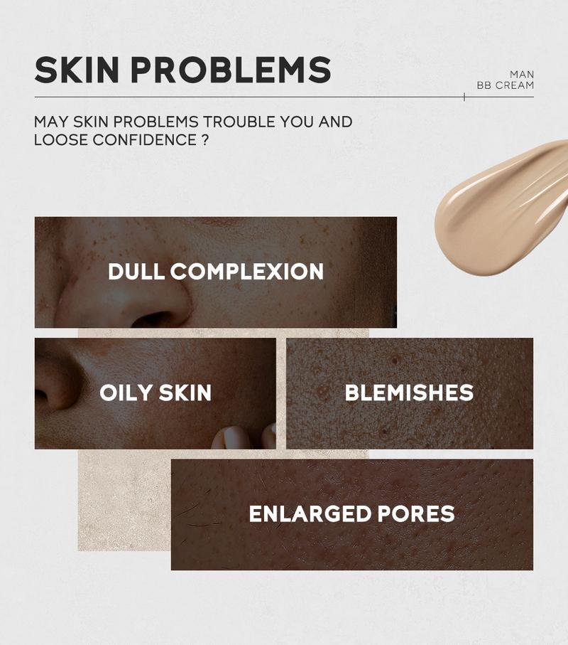 Product Introduction of BB Cream for Men Face Makeup Concealer Foundation Sunscreen Repair Liquid Foundation for Oil Control Brighten Skin Tone 30g Lightweight Waterproof Compact Set Smooth Comfort 7