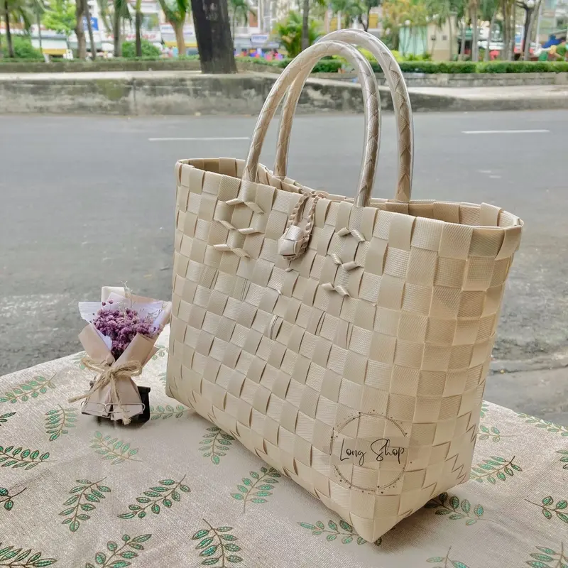 Giỏ nhựa đan tay màu trơn -  Size 7 vừa - Túi xách đan thủ công - Làn nhựa 6