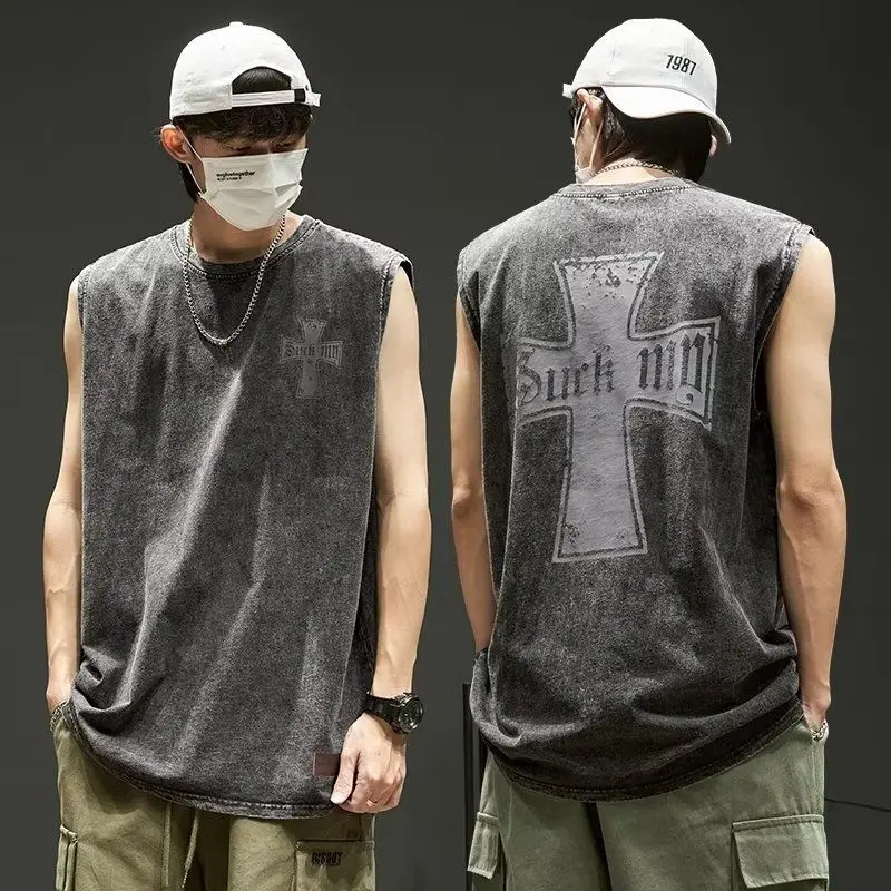 American High Street Washed Distressed Waistcoat Men's Fashion Brand Street Trend Loose Leisure Sports Sleeveless T-shirt