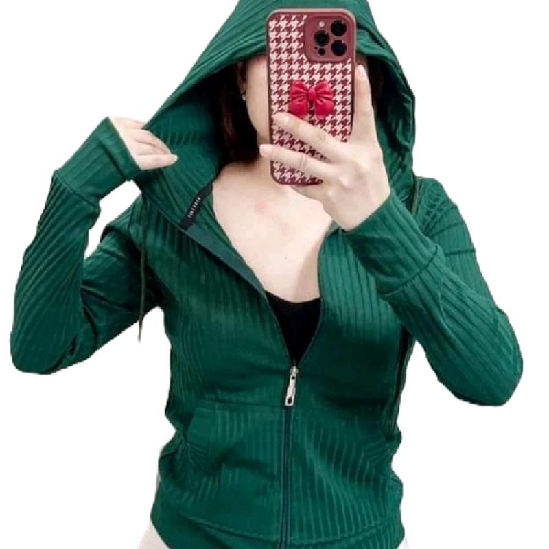 Áo khoác thun gân đũa có nón, kiểu ôm body, vãi co giãn Nữ Women Top Jacket - Phong cách và thoải mái - Voi