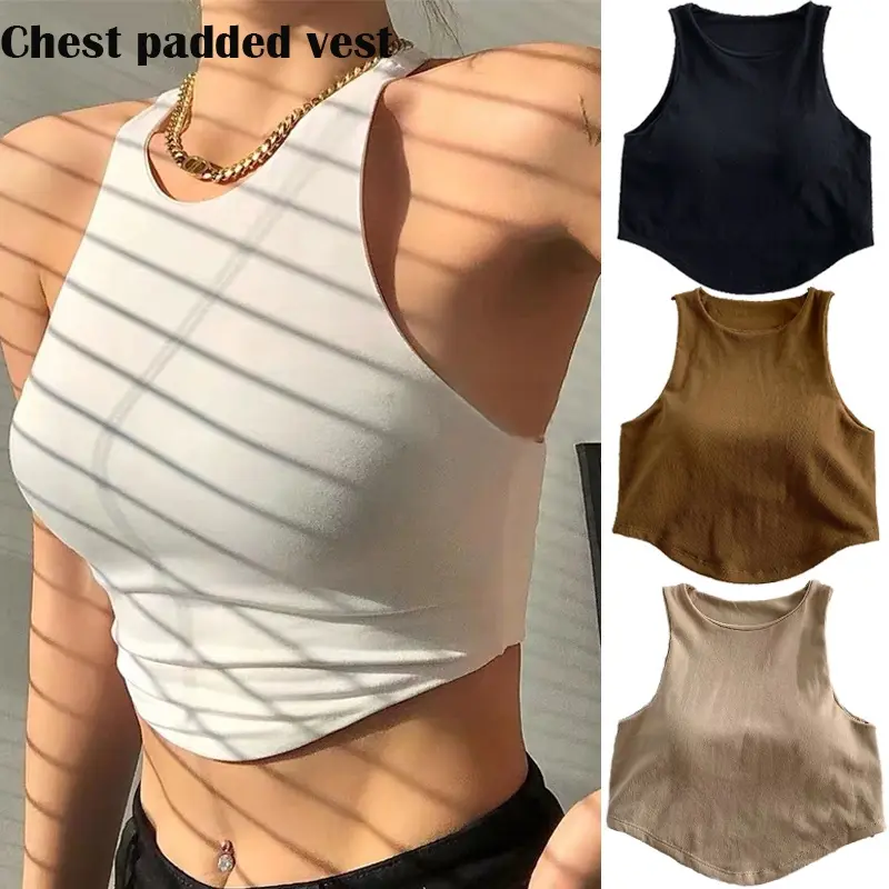 New sleeveless tank vest solid color top with chest pads women Croptop Sando Camisole