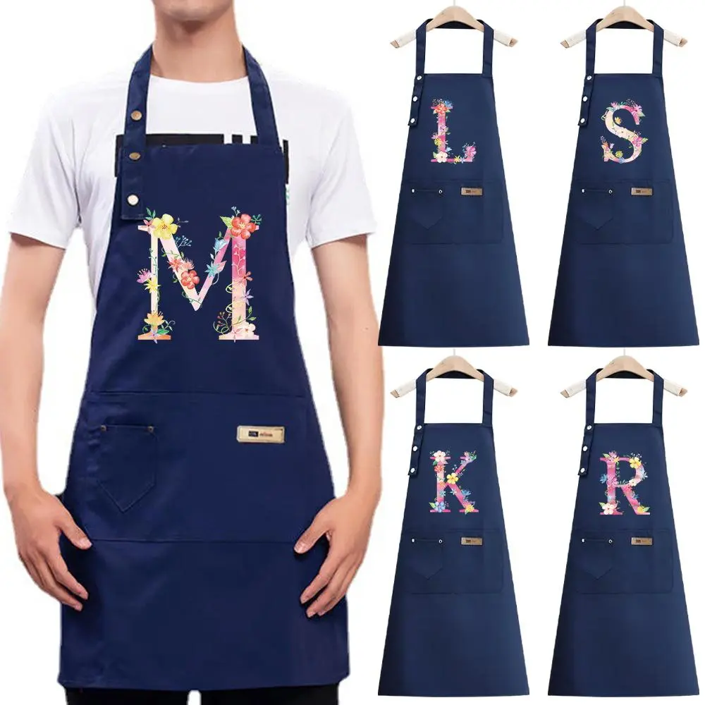 Letter Flower Pattern Adjustable Apron, 1 Count Kitchen Apron with Pocket, Professional Apron for Cooking, Gardening, Painting, Baking, Restaurants