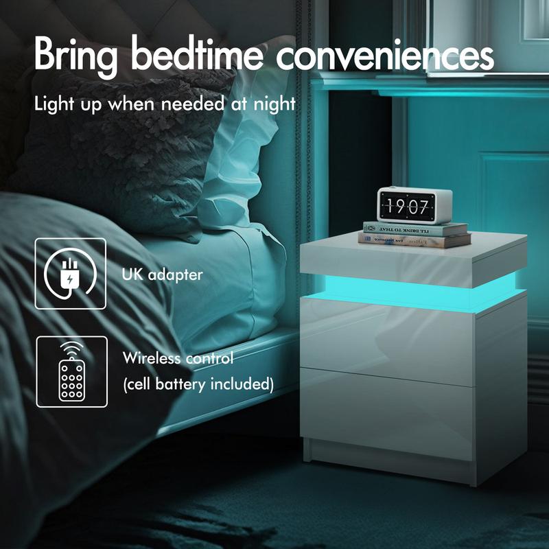 ELFORDSON Bedside Table LED Bedside Cabinet 4 Side High Gloss Nightstand White 3
