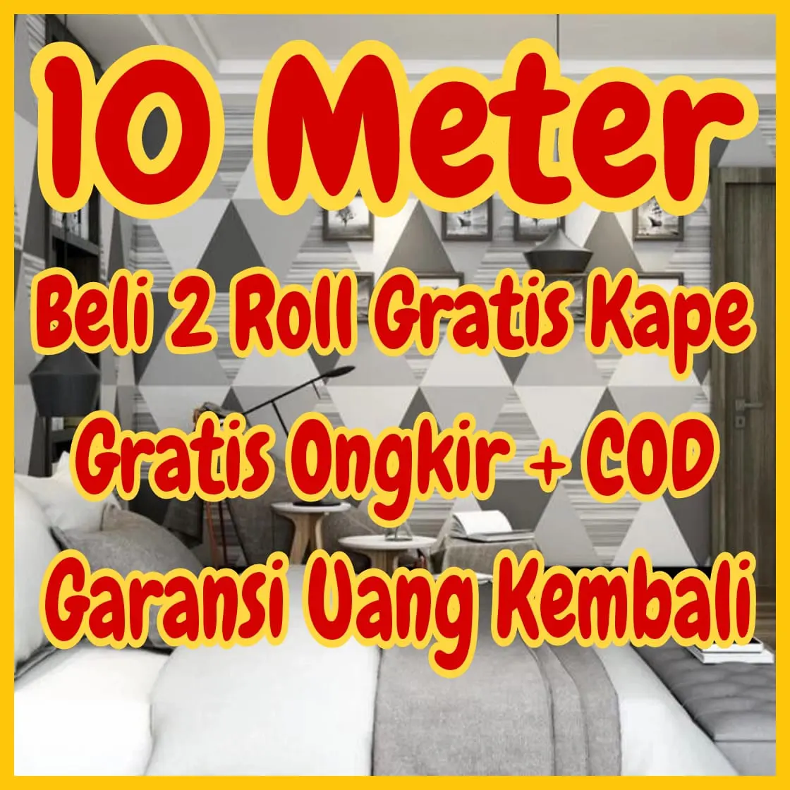 Wallpaper Dinding 10 m 10 meter 45 cm x 10 m MOTIF SEGITIGA ABU PINK KUNING BIRU HIJAU HITAM MERAH
