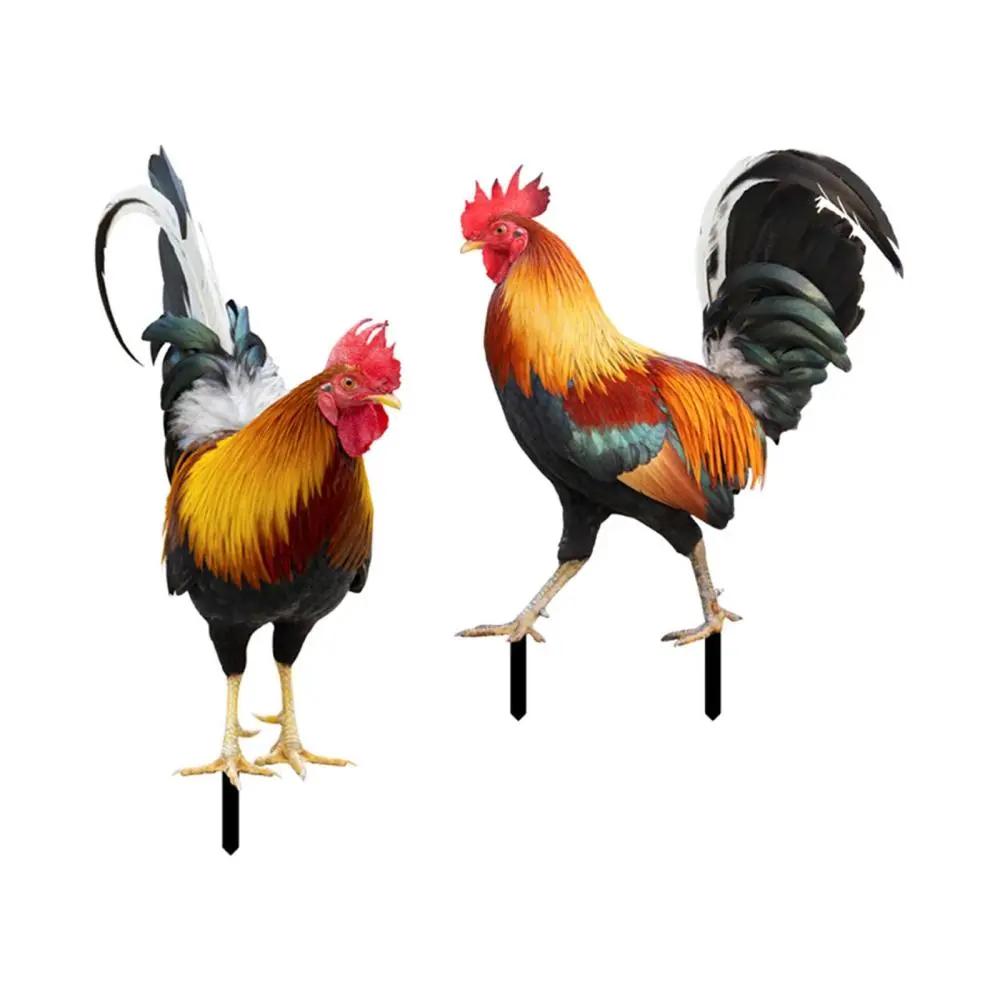2Pcs Rooster Statue Garden Stakes Metal Yard Art for Courtyard Lawn