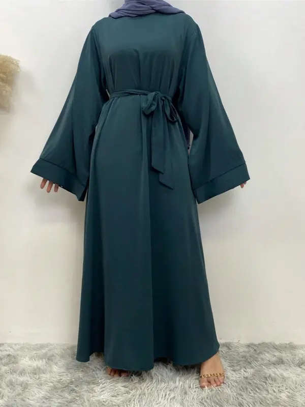 Women's Plain Belted Flounce Sleeve Dress without Necklace, Casual Long Sleeve Round Neck Long Dress for Daily Wear, Ladies Clothes for All Seasons, Classy Modest Dresses 6