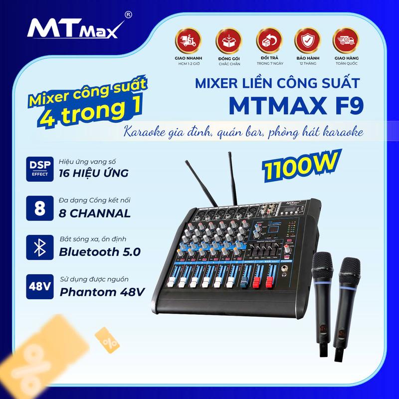 Mixer MTMAX F9 PRO Liền Công Xuất Chuyên Nghiệp Tích Hợp Nhiều Chức Năng, 16 Chế Độ Vang Chuyên Nghiệp, Hiệu Ứng Vang Số, Kèm 2 Micro Không Dây Cao Cấp, Chống Hút Tốt, Đánh Được Cặp Loa Bass 20, Bass 30