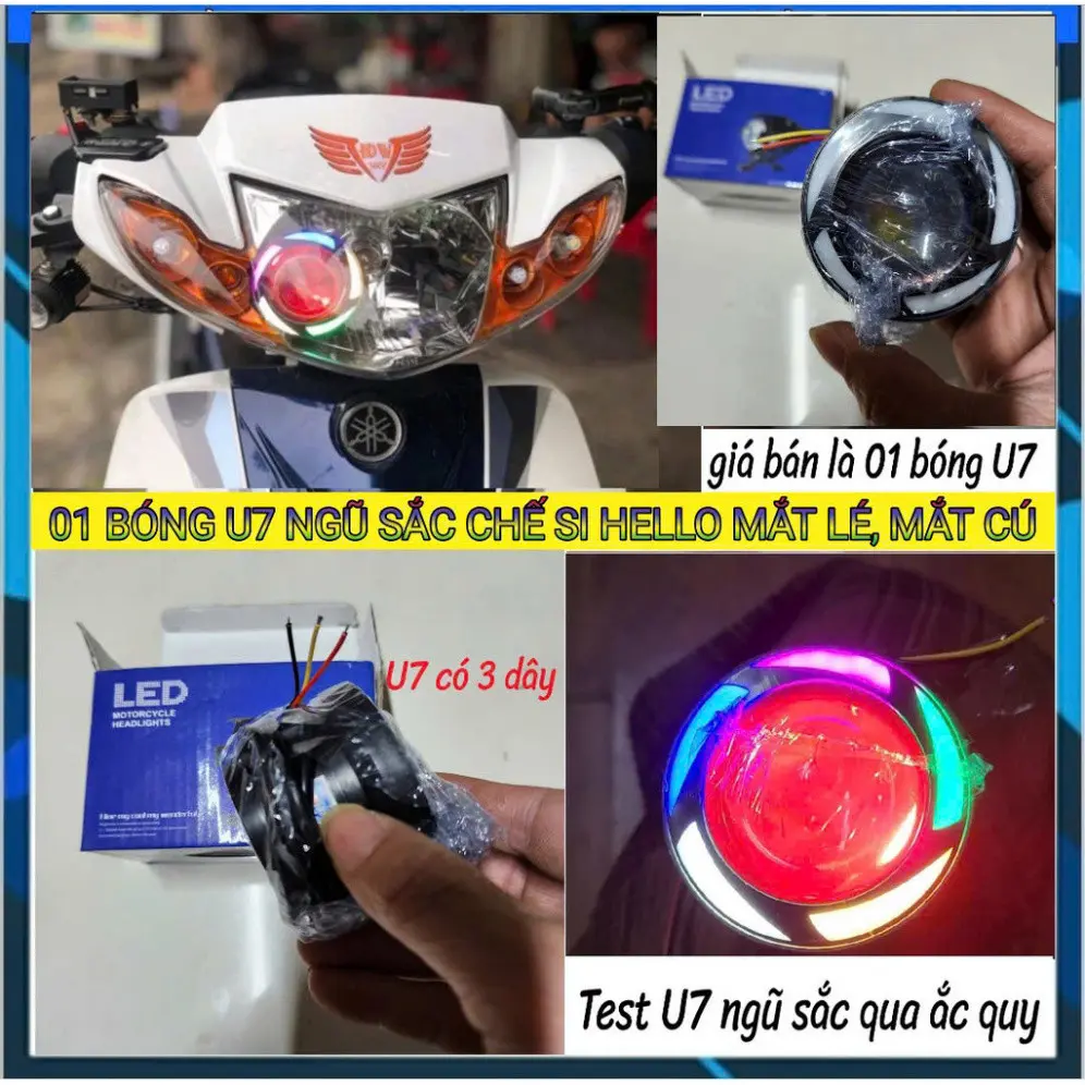 Đèn U7 Ngắn Chế Si Hello Mắt Lé- Đèn Led U7 Mắt Cú 3 Chế Độ Gắn Ô Tô, Xe Máy, Xe Điện- Giá 1 Bóng U7