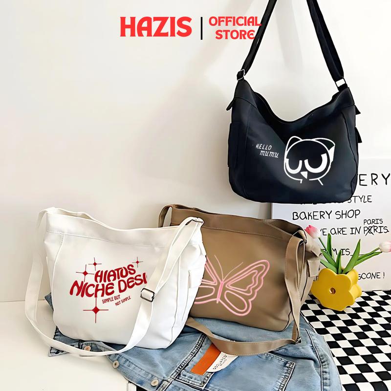 Túi đeo chéo, đeo vai nhiều ngăn đựng đồ tiện lợi sách vở A4, laptop 14inch, Túi vải canvas phong cách ULZZANG hoạ tiết hottrend dễ thương - Hazis Store Bag Nữ Women Chữ Nhật Hình Chữ Nhật