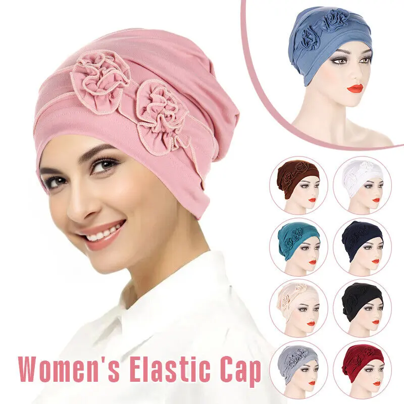 Muslim Women's Side Floral Turban Hat Solid Color Cap Bandana Headwrap Head Wraps Hijab Hat