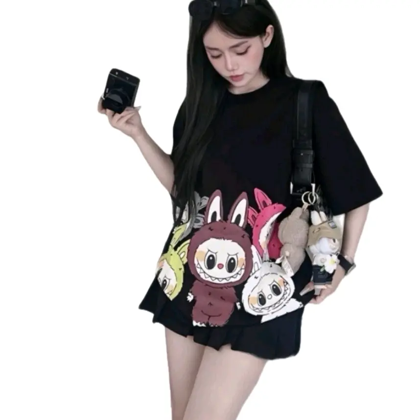 Áo thun in gấu labubu form 15kg-80kg chất vải cotton 100% hàng đẹp như hình.in dưới lai lớn Nữ Cổ Tròn Women Top
