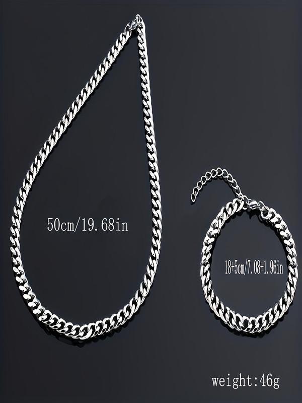 Men's Simple Cuban Chain Bracelet & Necklace (2counts), Fashion Hip Hop Stainless Steel Jewelry for Party, Daily Clothing Decor, Trendy All-match & Exquisite Jewelry for Birthday Gift 1