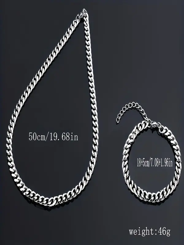 Men's Simple Cuban Chain Bracelet & Necklace (2counts), Fashion Hip Hop Stainless Steel Jewelry for Party, Daily Clothing Decor, Trendy All-match & Exquisite Jewelry for Birthday Gift 1