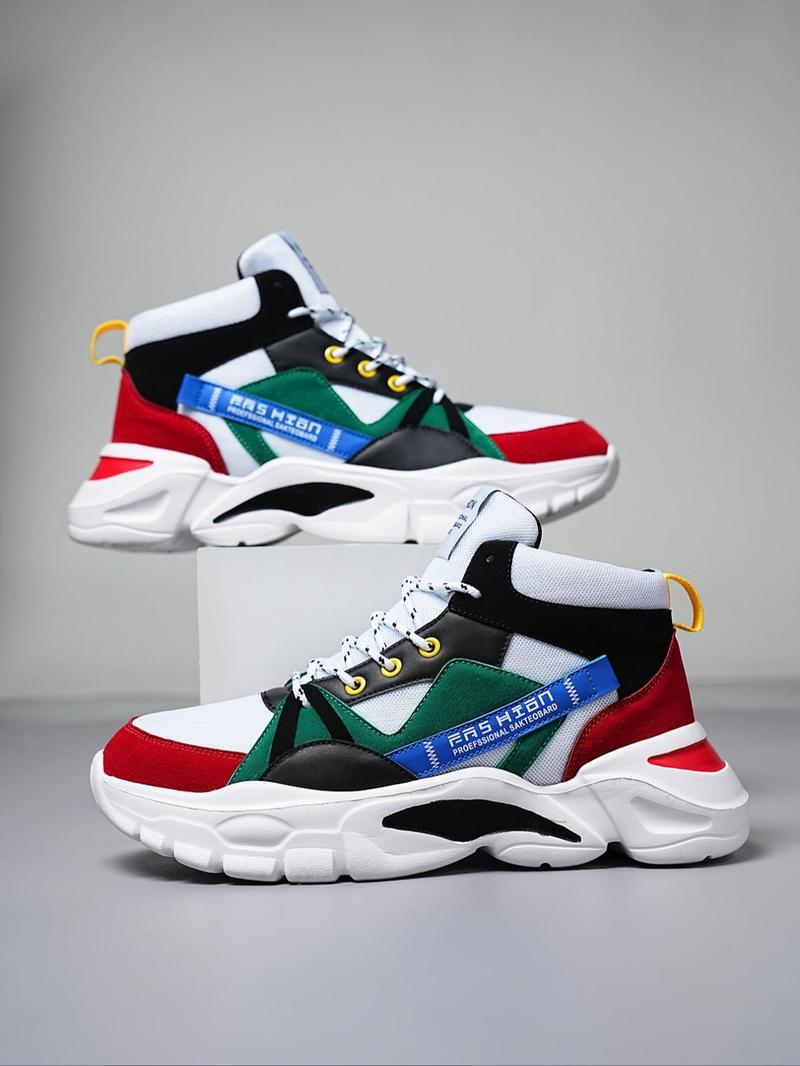 Product Introduction of Men's Trendy Colorblock Letter Patchwork Lace up High Top Sneakers, Casual Versatile Comfortable Chunky Shoes for Outdoor Sports 14