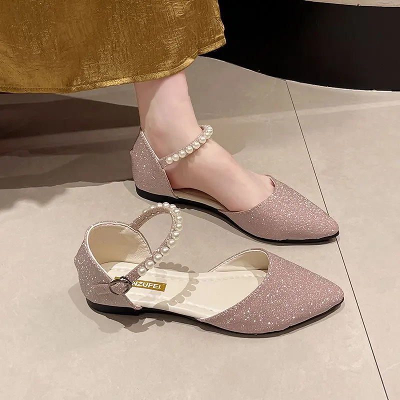 Kasut Satu Lapisan Wanita, Koleksi Baru Musim Bunga dan Musim Panas, Kaki Runcing, Tali, Gaya Elegan Perancis, Sandal Rata Kaki Tertutup, dengan Rekaan Skirt, Fesyen
