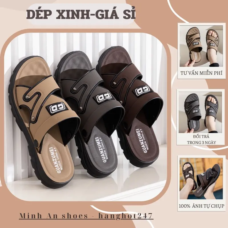 ￼( Quà tặng Ông Tặng Bố ) Dép nam da bò đẹp đế cao su đúc nguyên khối quai ngang chéo có quai hậu thời trang trẻ và trung niên