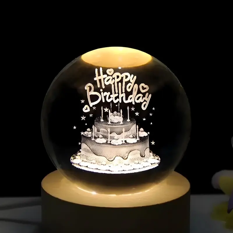 Lampu Crystal Mini 3D Happy Birthday Lampu Tidur Aesthetic Lampu Hias USB Hadiah Kado Ulang Tahun Pacar Kado Natal Akrilik Kristal Kuning 2