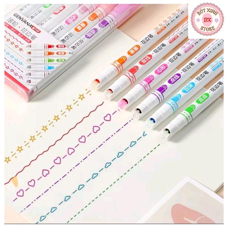 Set 6 Bút Dạ Con Lăn Bút Đánh Dấu Họa Tiết Nhiều Màu Sắc Dùng Trang Trí Sổ Tay