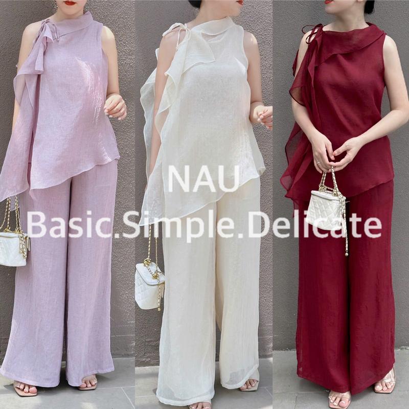 Set voan thô áo lệch vai quần ống rộng