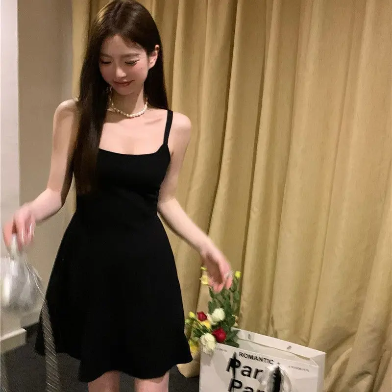 Váy Hai Dây Màu Đen, Dành Cho Mùa Hè Của Phụ Nữ, Cổ Vuông, Phong Cách Cổ Điển Pháp Sang Trọng, Chữ A, Váy Ngắn, Váy Thắt Lưng Thanh Lịch