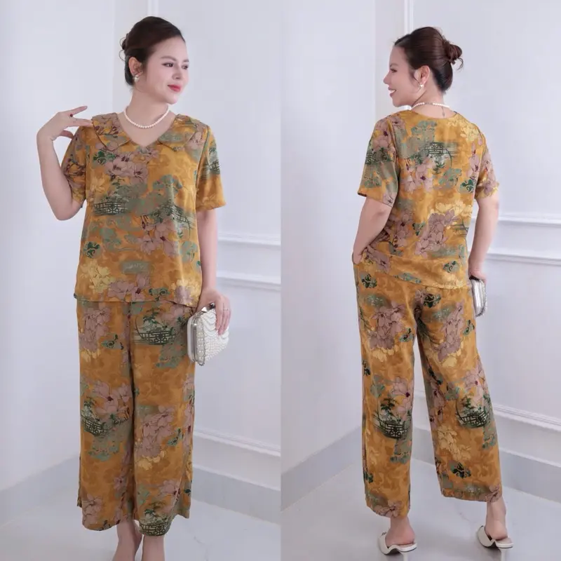 MS03 Đồ Bộ Trung Niên, Áo Cổ Nút,, Quần Suông 9 tấc, Vải Luạ Nhập cao cấp Nữ Women Top Jacket 3