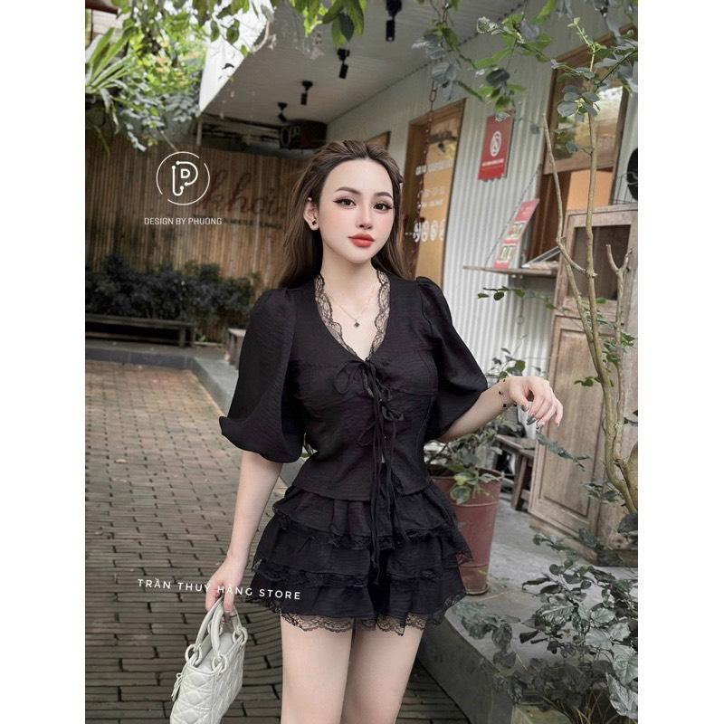 BIGSIZE HIẾU HIẾU (55-95KG) - Set thời trang nữ Áo cột nơ viền ren tay lửng + Chân váy tầng