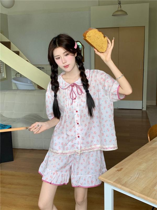 HT6000f Bộ pijama tiểu thư cộc hoạ tiết hoa hồng hotgirl,đồ ngủ thô đũi bánh bèo tôn dáng HT6000f 4