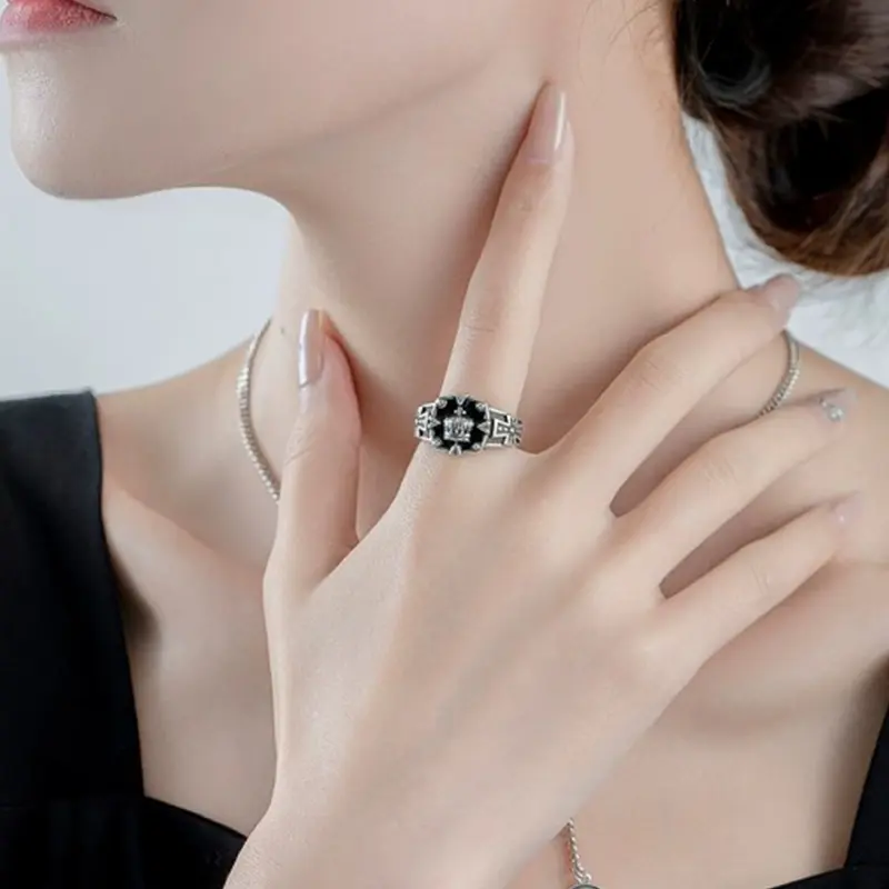 【zhamus】Retro Thai-silver Crown Open Ring Hip Hop Dark Ring Women Fashion Cross Index Finger Ring 6