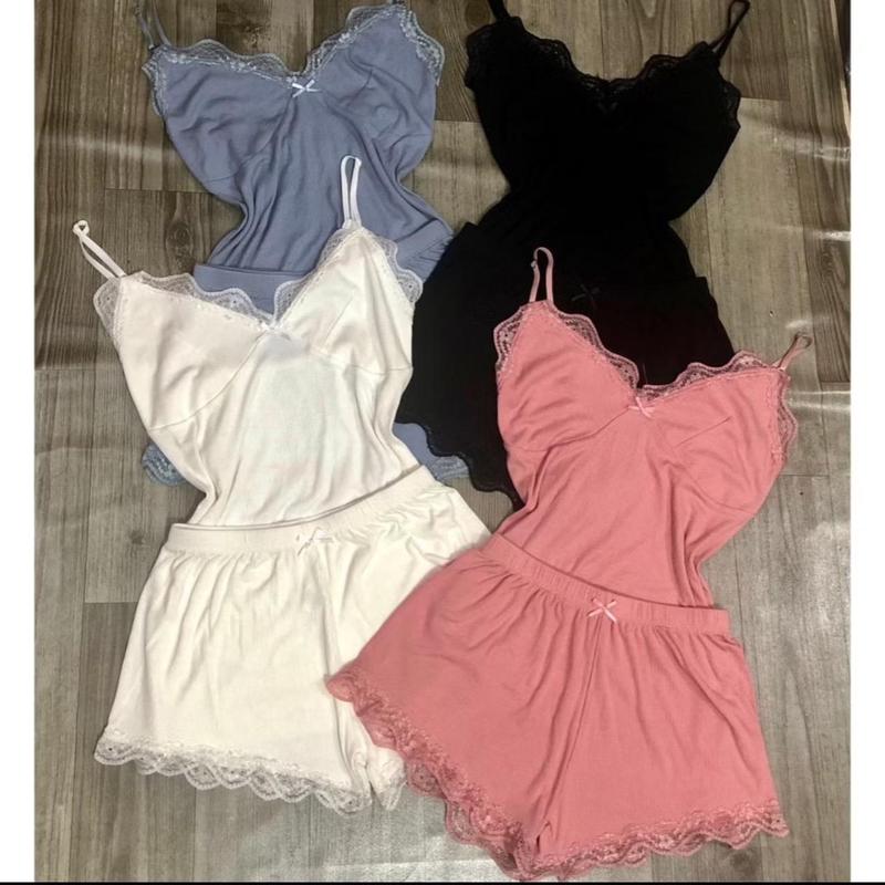  ￼Bộ ngủ áo thun nữ 2 dây cổ V dây viền ren kèm quần viền ren sexy chất  tăm lạnh quảng châu mềm mát mã g52 