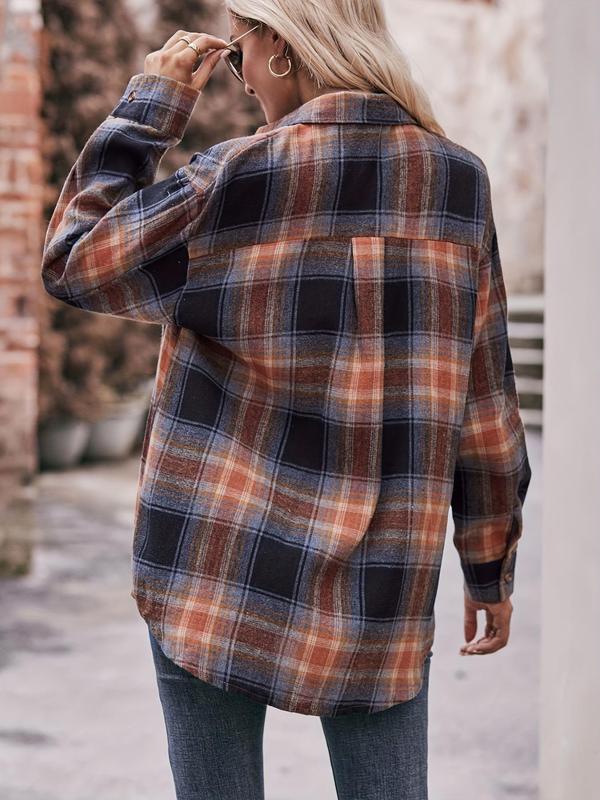 Women's Plus Size Plaid Print Flap Pocket Button Front Blouse, Casual Drop Shoulder Long Sleeve Shirt, Gift Set, Women Plus Clothing for Spring & Fall Daily Wear 2