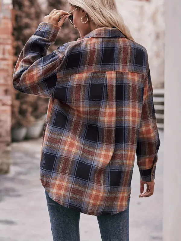 Women's Plus Size Plaid Print Flap Pocket Button Front Blouse, Casual Drop Shoulder Long Sleeve Shirt, Gift Set, Women Plus Clothing for Spring & Fall Daily Wear 1