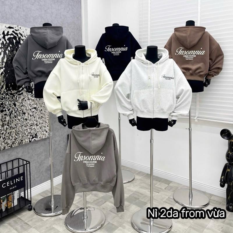 Áo Khoác Nỉ Form Lửng 2 Da QC In Insonia, áo khoác nữ form 40-65kg mặc đẹp Hoodie Zip Women Jacket Top Có 1 Túi Có Túi 0