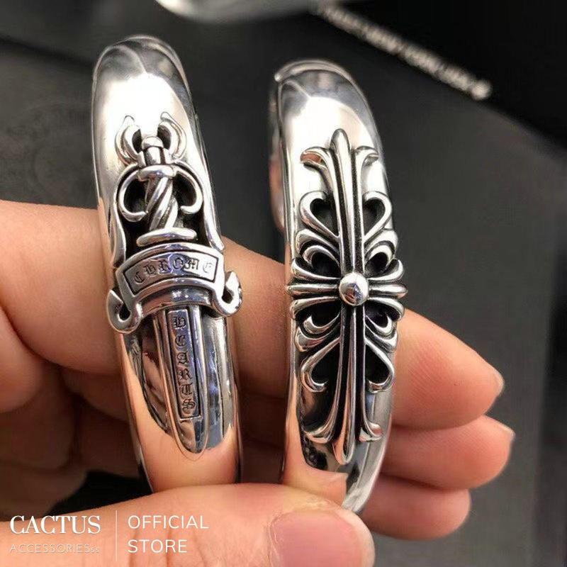 Vòng tay Cuff Chrome Hearts bạc S925, thiết kế Unisex nam nữ, phong cách retro, phụ kiện thời trang - Cactus Accessories