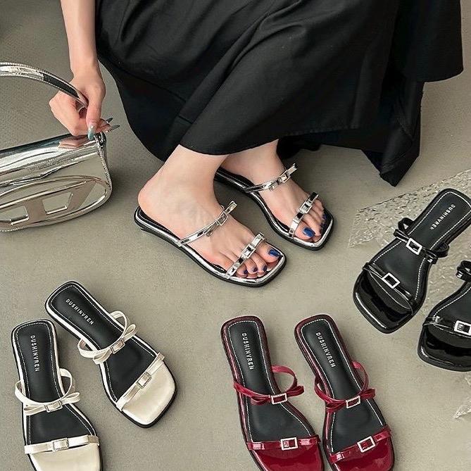 (XẢ) Dép nơ đế cao quai ngang mũi vuông màu bạc đen trắng đỏ phong cách tiểu thư TN15