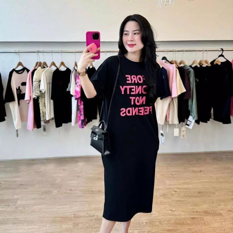 Váy bầu Đầm bầu cotton hàn mềm mại co dãn thoáng mát in chữ nổi bật Nữ Voi Women Dress 2