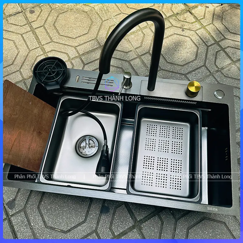 (7546 Cài Dao) Chậu Rửa Bát 1 Hố INOX 304 Phủ Nano, Bồn Rửa Chén 1 Ngăn Kèm Vòi Thác Nước - Màu Nano 1