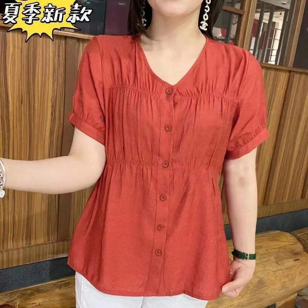 เสื้อชีฟอง ผู้หญิง แขนสั้น เรียบหรู คอวี ฤดูร้อน 2024 มาใหม่ ซ่อนพุง สลิม ท็อป คุณภาพสูง เสื้อผ้าผู้หญิง Clothing Women