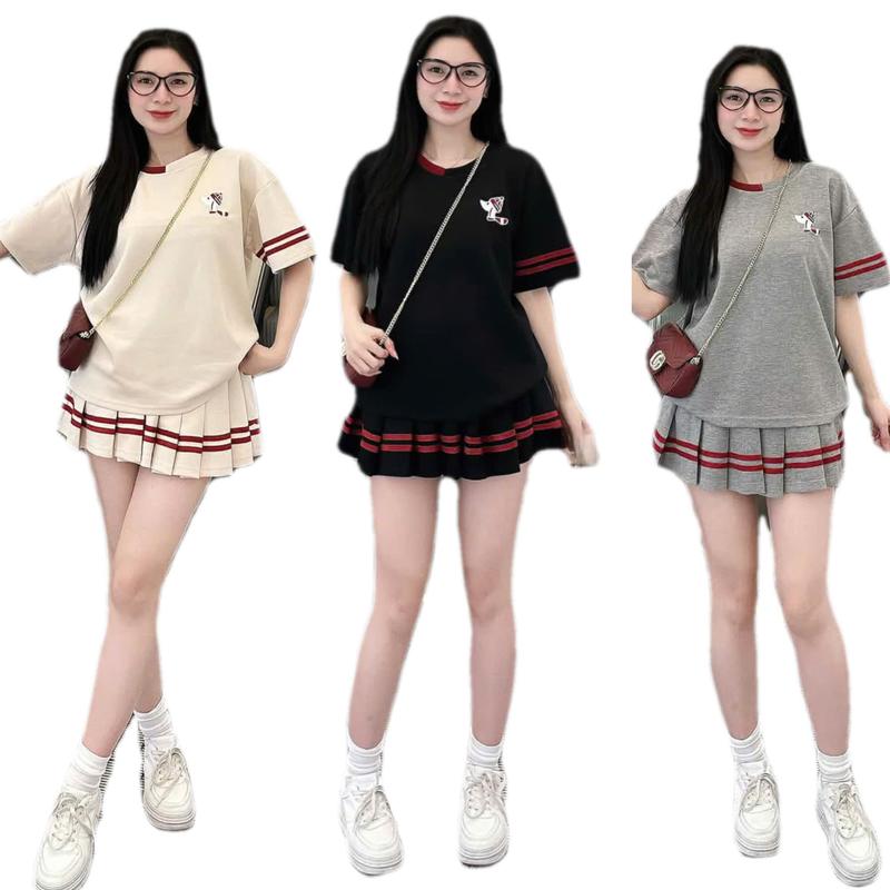 Set váy thêu cún chạy sọc đỏ cổ bo đệt chất cotton khô chân váy cạp chun có quần bảo hộ 40_60kg  TH Store  i[Hàng bình dân-Giá rẻ]