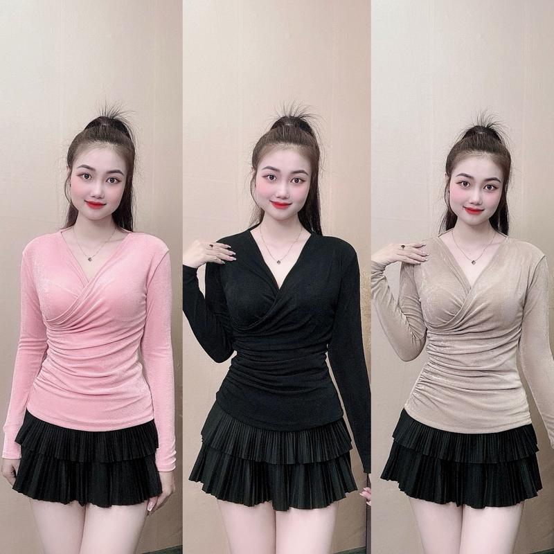 Áo Nhũ thiết kế cổ chéo - nhún eo dài tay ôm body tôn dáng sang trọng  - vải nhũ mỏng mát mềm co dãn dễ chịu