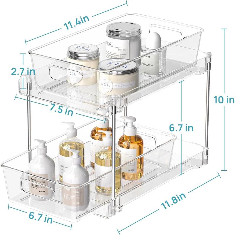 Bathroom Organizer, 2 Tier Clear Under Sink Organizers Vanity Countertop Storage Container,Cabinet Drawers Bins, Pull-Out Organization with Track for Pantry, Kitchen 1