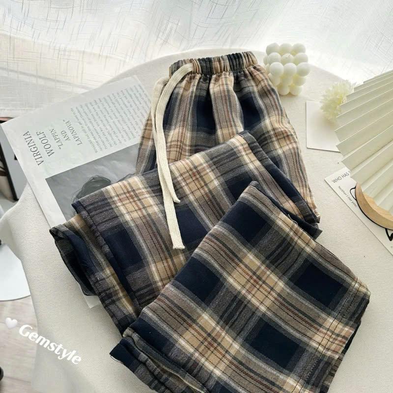 QUẦN DÀI Kẻ Caro nữ dáng suông ống rộng, chất thô mềm dày dặn thoáng mát dưới 60KG