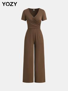YOZY Women's Plain Wrap V Neck Jumpsuit, Casual Comfy Jumpsuit for Daily Wear, Ladies Clothes for All Seasons