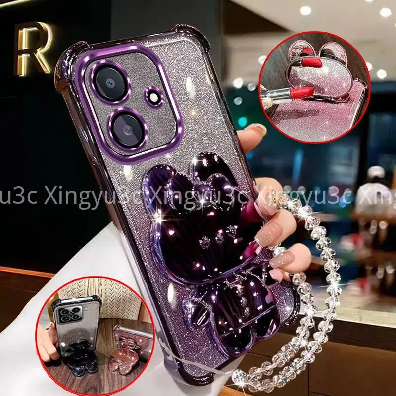 Case for OPPO A3 A3X 4g A3 pro luxury multifunctional four corners anti drop shockproof phone case 3D rabbit makeup mirror holder new bracelet protection silicone soft case